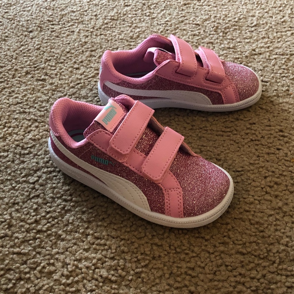 Toddler girls pink, blue & white Puma tennis shoes